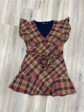 Ralph Lauren Plaid Flutter-Sleeve Dress in Rust and Mustard